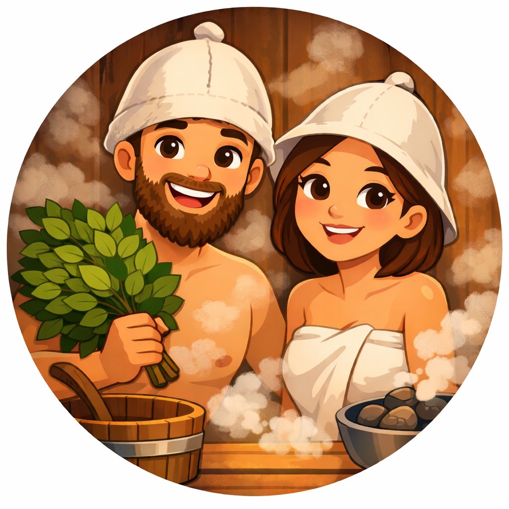 Cartoon couple in sauna hats with a venik and a bucket — Cozy Place artwork