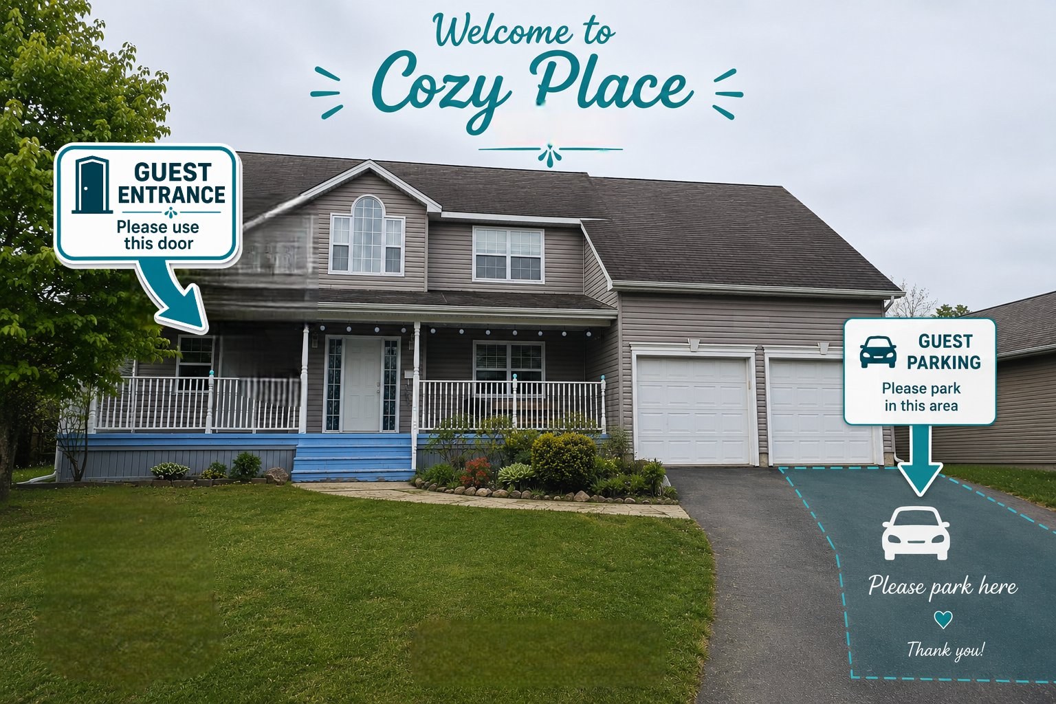 Cozy Place house with the guest entrance and guest parking area marked