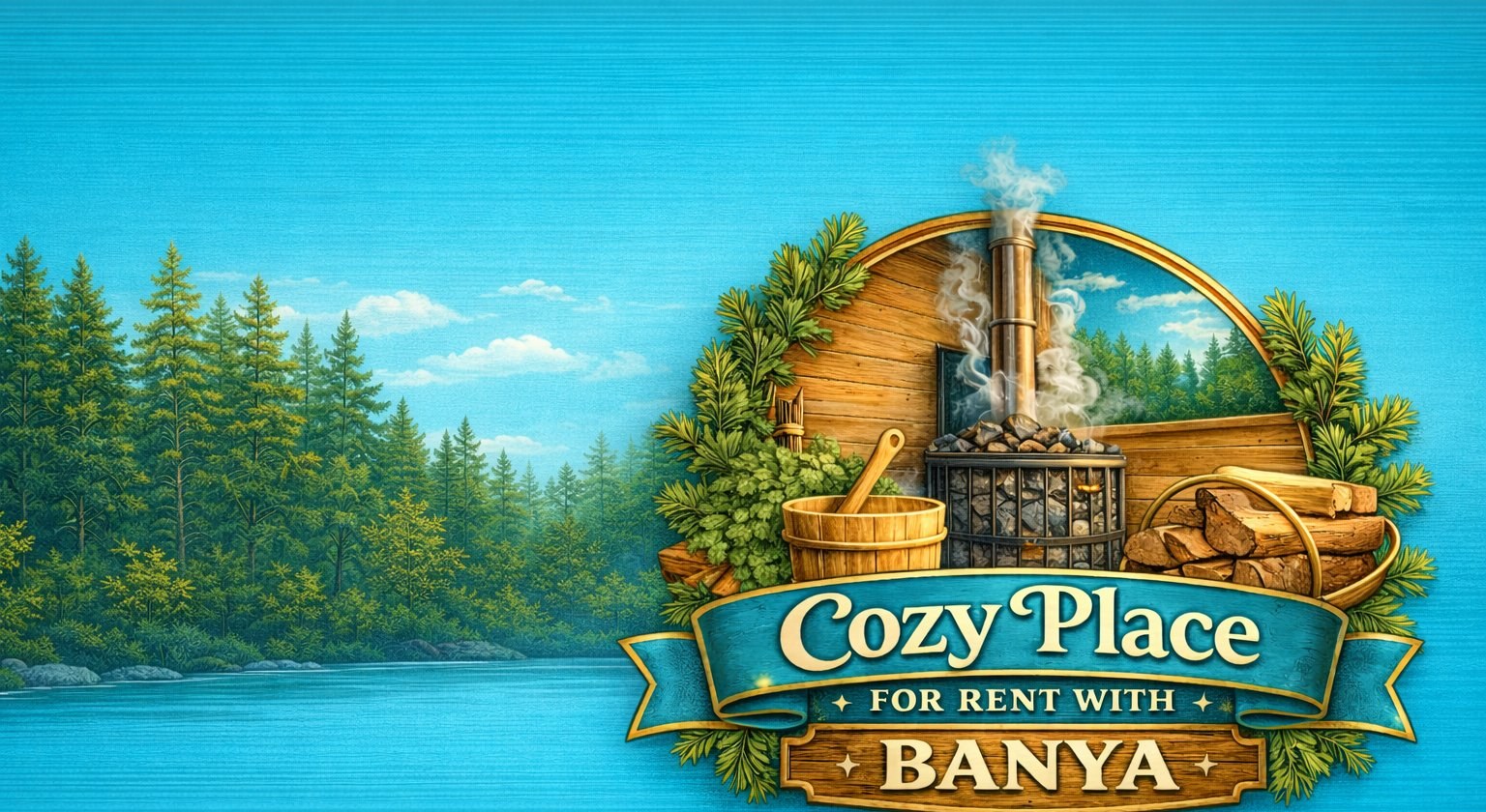 Cozy Place logo artwork with a forest and lake scene — for rent with banya