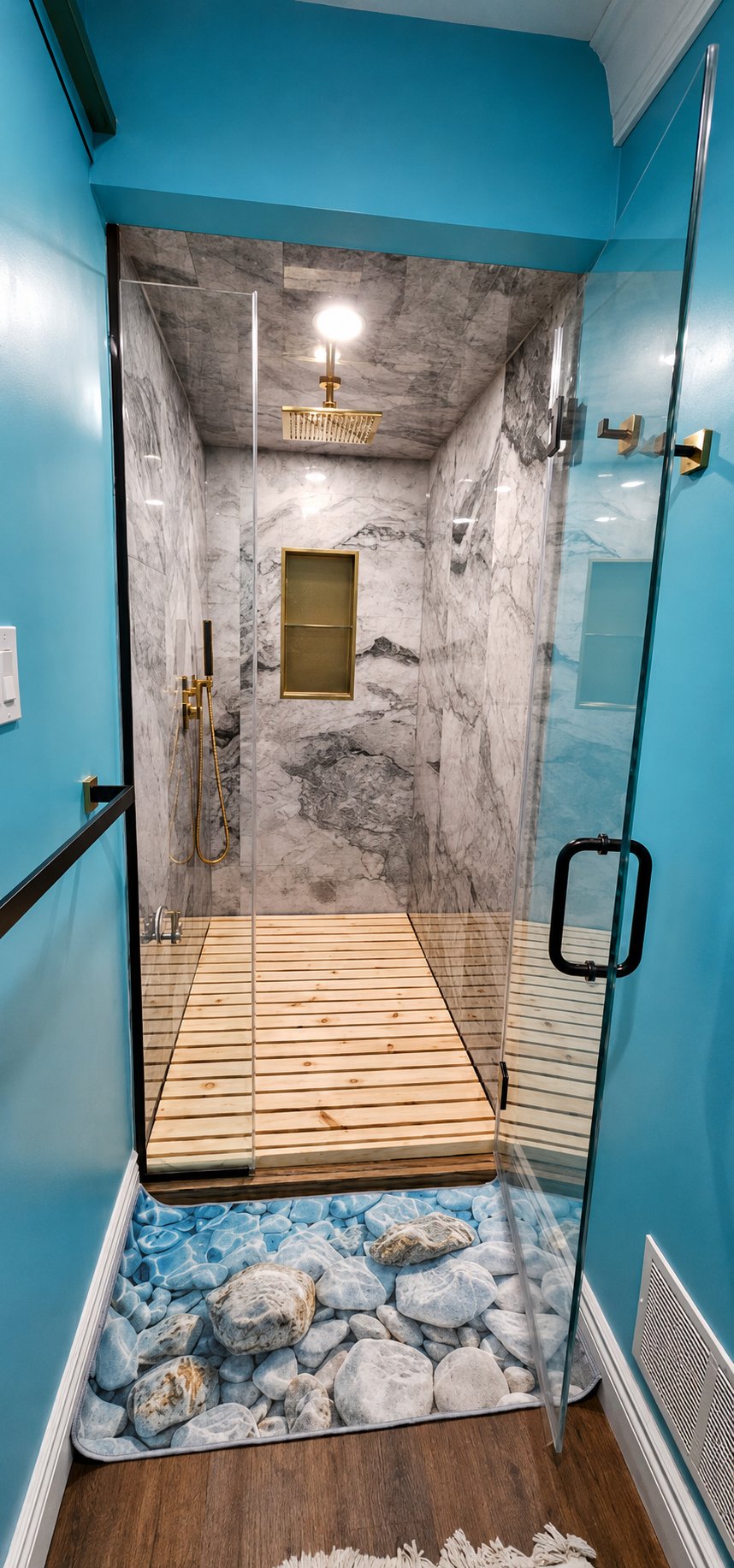 Shower room with marble-look tiles, glass doors and a rainfall shower head