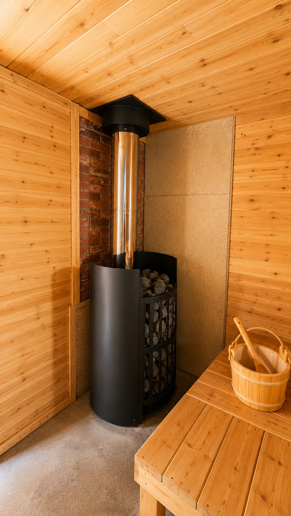Wood-fired sauna stove with stones inside the Cozy Place banya